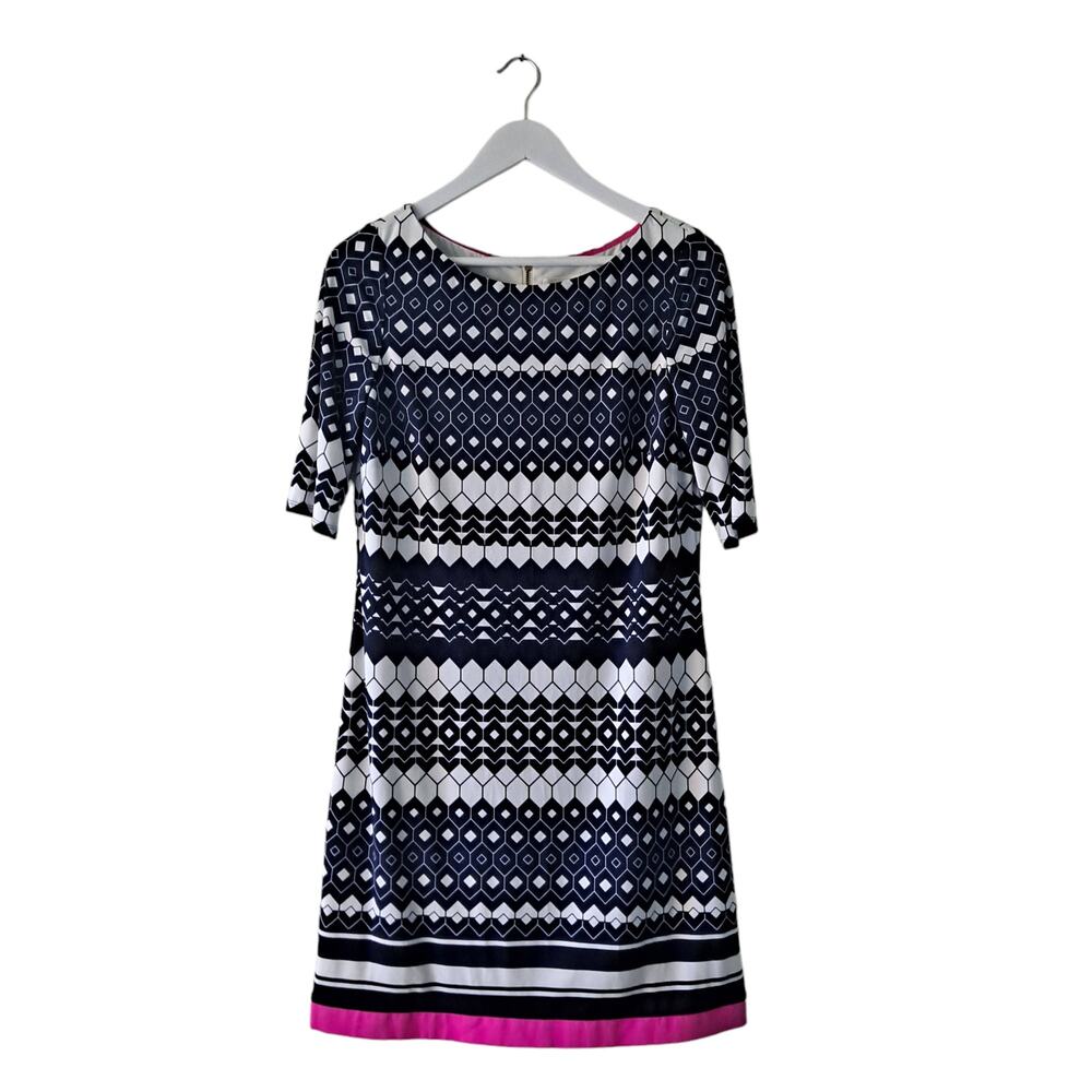 Eliza J Black White & Pink Geometric Print Crewneck Short Sleeve Dress - Size 8